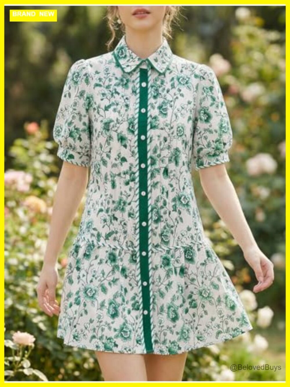 Women's Mini Dress: Short Puff Sleeve Floral Collared V-Neck Button Down Shirt - Picture 2 of 7